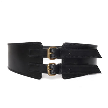 Double Buckle Corset Black Leather Belt With Golden Buckle By Brune