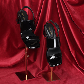 Black Patent Leather Block Heel Dual Strap Buckle Ladies Sandals by Brune & Bareskin