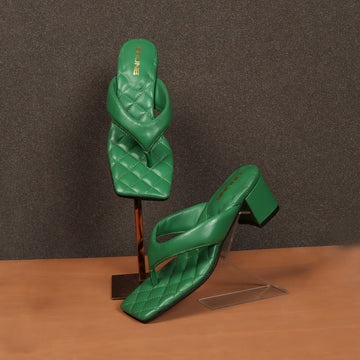 V-Shaped Green Flip-Flop Diamond Stitched Blocked Heel Slider Slipper For Women By Brune & Bareskin
