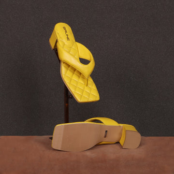 Yellow Finish Flip Flop Diamond Stitched Blocked Heel Slider Slipper For Women By Brune & Bareskin
