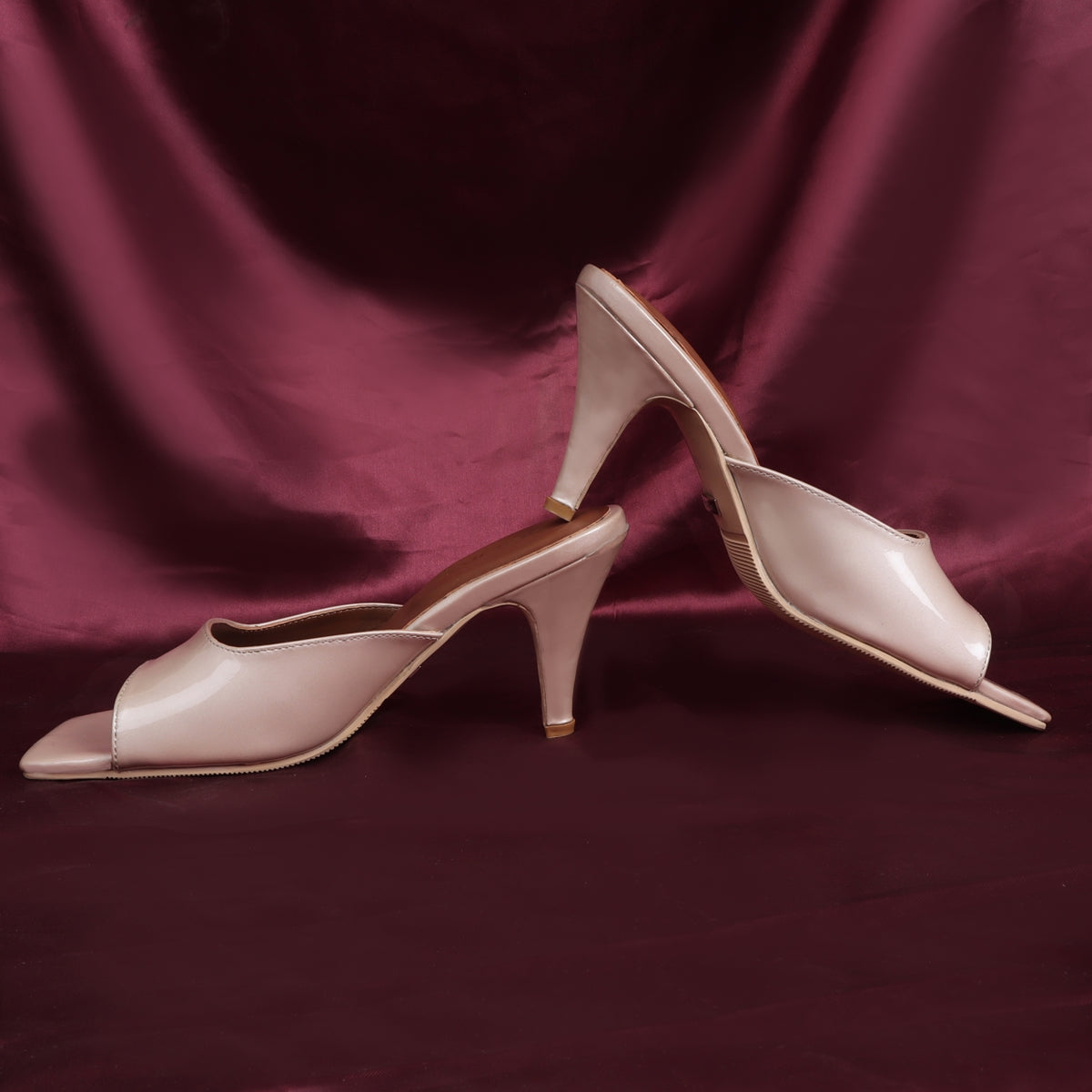 Beige Square Open Toe Patent Leather Ladies Kitten Heel Sandal By Brun