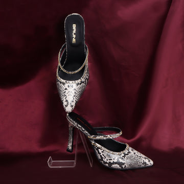 Pointed Toe Swarovski Crystal Stone Heel Pumps Black-White Snake Print leather Ladies Footwear By Brune & Bareskin