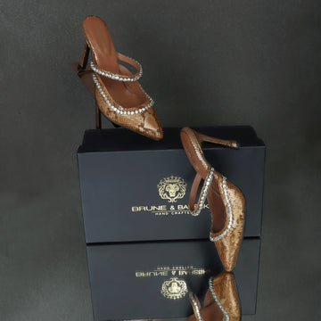 Swarovski Crystal Stone Pointed Toe Heel Pumps Snake Print leather Footwear For Ladies By Brune & Bareskin