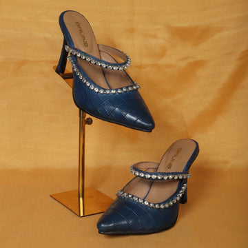 Crystal Stone Heel Pumps Blue Pointed Toe Deep Cut Croco Print leather Partywear Footwear For Ladies By Brune & Bareskin