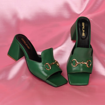 Golden Horse-bit Embellished Green Leather Open Toe Long Vamp Blocked Heel Ladies Sandal by Brune & Bareskin