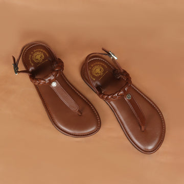 Weaved Loop T-Strap Golden Buckled Dark Brown Genuine Leather Ladies Sandal by Brune & Bareskin