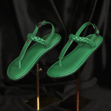 Weaved Loop Buckled T-Strap Green Genuine Leather Ladies Sandal by Brune & Bareskin