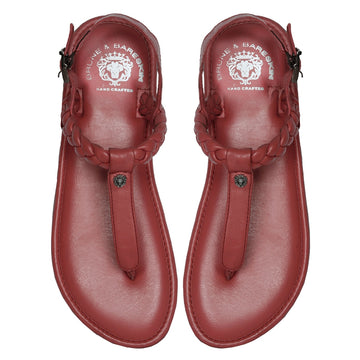 Weaved Loop Buckled T-Strap Pink Genuine Leather Ladies Sandal by Brune & Bareskin