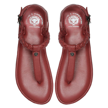 Weaved Loop Buckled T-Strap Pink Genuine Leather Ladies Sandal by Brune & Bareskin