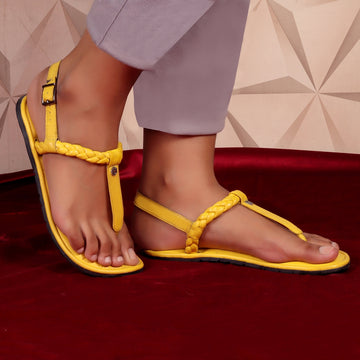 Weaved Loop Yellow T-Strap Buckled Genuine Leather Ladies Sandal by Brune & Bareskin