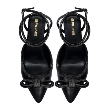 Black Pointed Toe Knotbow Fluted Heel Sandals