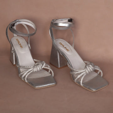 Silver Finish knotted bow detail with rhinestone embellishment Blocked Heel Buckled Sandal By Brune & Bareskin