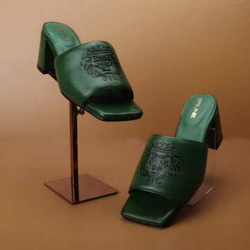 Embossed Lion Green Open Toe Blocked Heel Leather Ladies Sandal By Brune & Bareskin