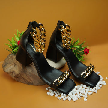 Square Toe Blocked Heel Ladies Sandals in Black Leather with Golden Chain Zip Closure