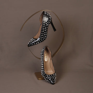 Classy Black Handmade Patent Leather Pointed Toe High Heel With Silver Studs Ladies Footwear By Brune & Bareskin