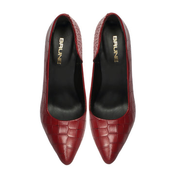 Pointed Toe Croco Textured Chic Wine Sleek Stiletto Ladies Pencil Heel By Brune & Bareskin