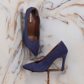 Pointed Toe Sleek Stiletto Pencil Heel Ladies formal Blue Suede Leather Footwear By Brune & Bareskin
