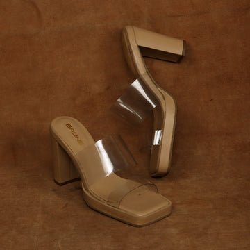 Transparent Dual Strap Beige Platform Blocked Heel Ladies Sandal By Brune & Bareskin