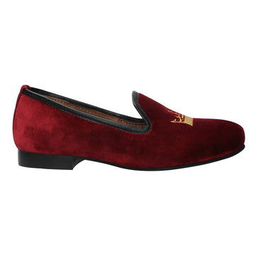 Maroon Velvet Slip-Ons With Golden Crown Embroidery For Women