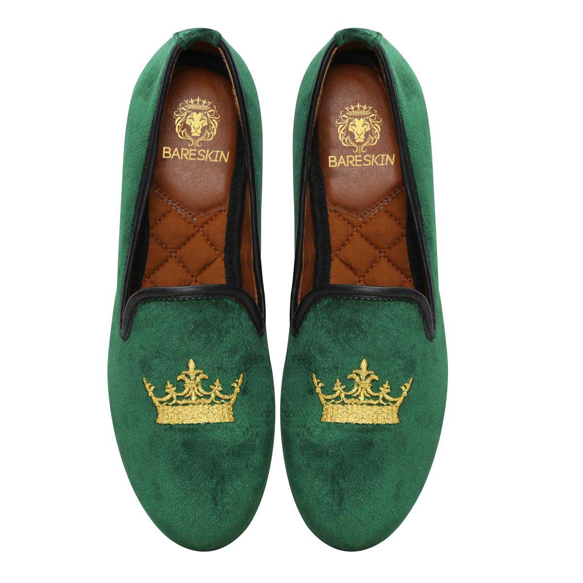 Green Velvet Slip-Ons With Golden Crown Embroidery For Women