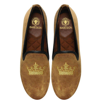 Golden Tan Velvet Slip-Ons With Golden Crown Embroidery For Women