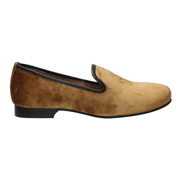 Golden Tan Velvet Slip-Ons With Golden Crown Embroidery For Women