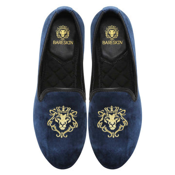 Brune & Bareskin Blue Velvet Slip-Ons With Golden Embroidery For Women