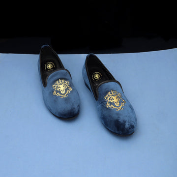 Brune & Bareskin Blue Velvet Slip-Ons With Golden Embroidery For Women