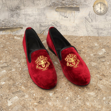 Maroon Velvet Slip-Ons With Golden Embroidery For Women