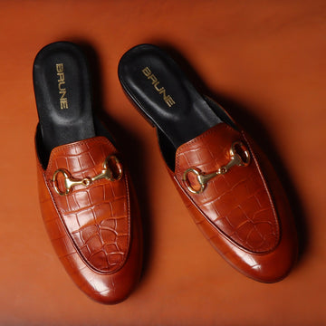 Women's Horsebit Croco Leather Tan Mules (SUMMER SPECIAL) BY BRUNE & BARESKIN