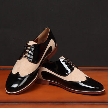 Women's Black Patent & Beige Suede Leather Derby Formal Shoes by Brune & Bareskin
