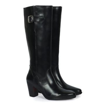 Black Knee Height Blocked Heel Ladies Leather Boots By Brune & Bareskin