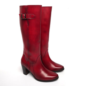 Wine Knee Height Blocked Heel Ladies Leather Boots with By Brune & Bareskin
