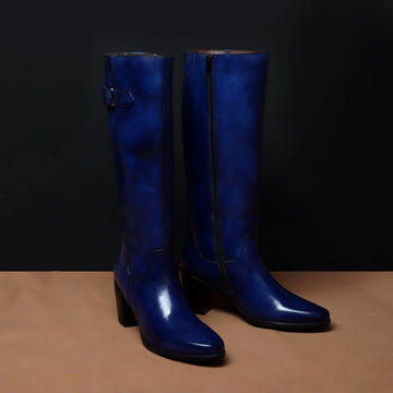 Blue Knee Height Blocked Heel With Buckle Detail Ladies Leather Boots By Brune & Bareskin