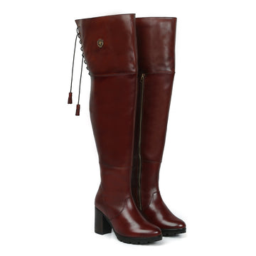 Wine  Leather Top Lace Knee High Ladies Boots By Brune & Bareskin