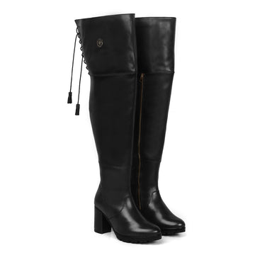 Top Lace Knee High Black Genuine Leather Ladies Boots By Brune &Bareskin