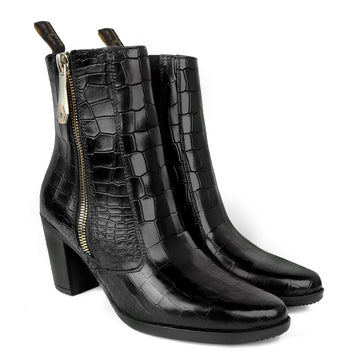 Black Deep Cut Croco Leather Ladies Boot With Zip Closure By Brune & Bareskin