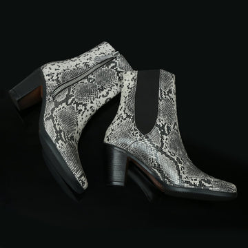 Black-White Snack Print Leather High Ankle Ladies Boots By Brune & Bareskin
