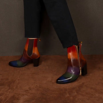 Multi Colored Leather Ladies Blocked Heel Boots Pointed Toe Zip Closure by Brune & Bareskin