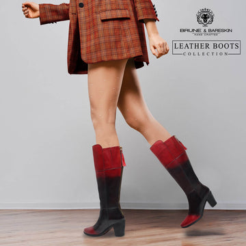 Knee Height Blocked Heel Boots with Dual Tone Black-Wine Genuine Leather By Brune & Bareskin