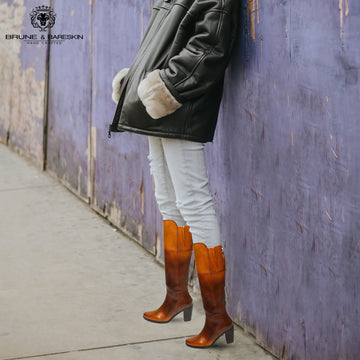 Dual Tone Tan Knee Height Blocked Heel Ladies Leather Boots By Brune & Bareskin