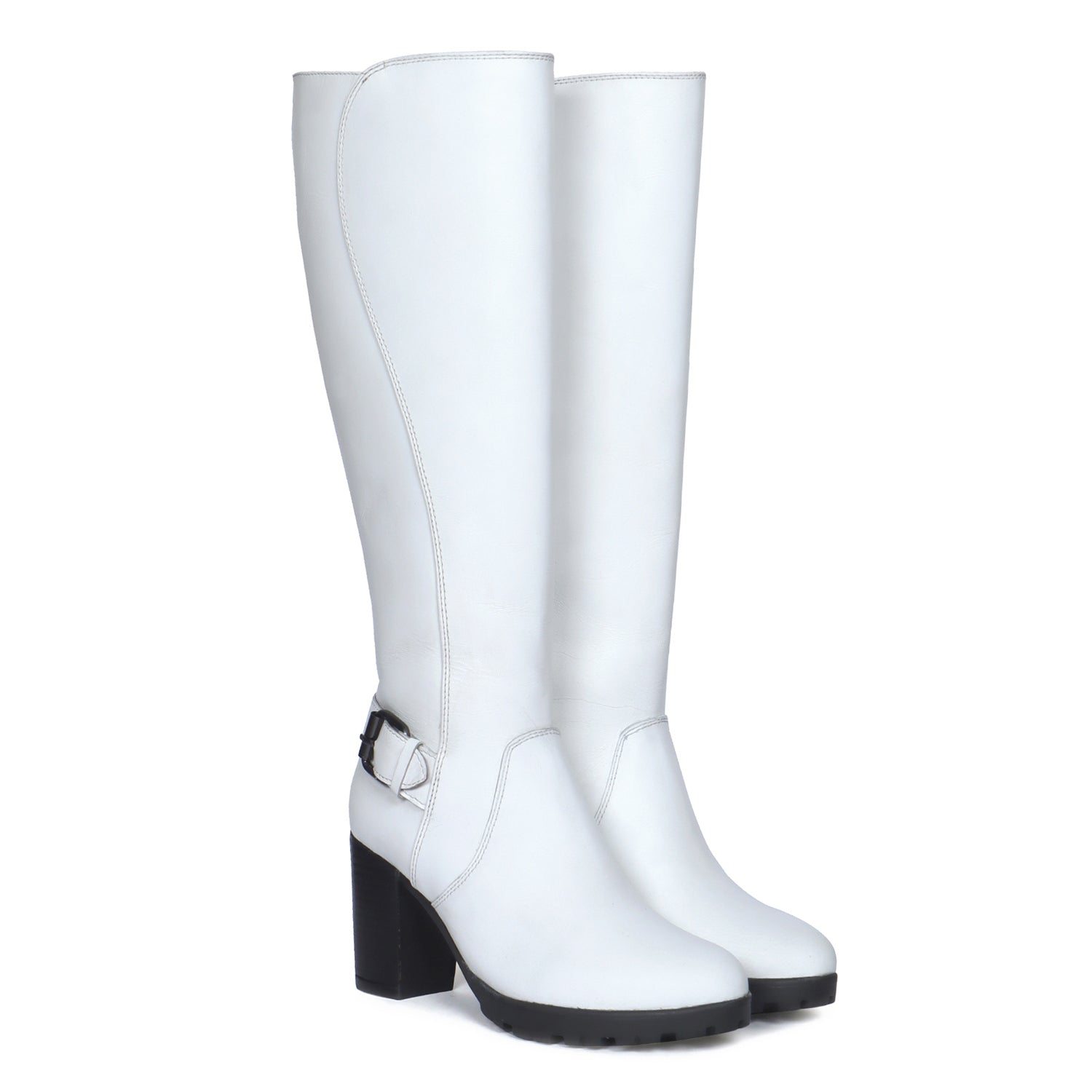 Luxourious White Leather Blocked Heel Buckled Long Zipper Boots For Ladies By Brune & Bareskin