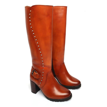Tan Side Studded Leather Long Ladies Boots By Brune & Bareskin