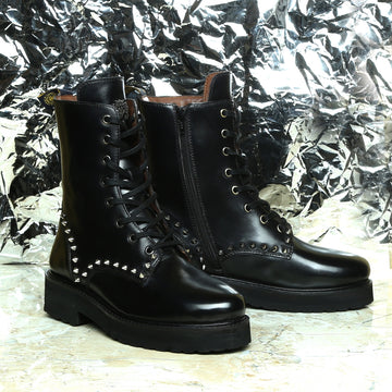Silver Studded Black Leather Boots with Metal Lion Light Weight by Brune & Bareskin