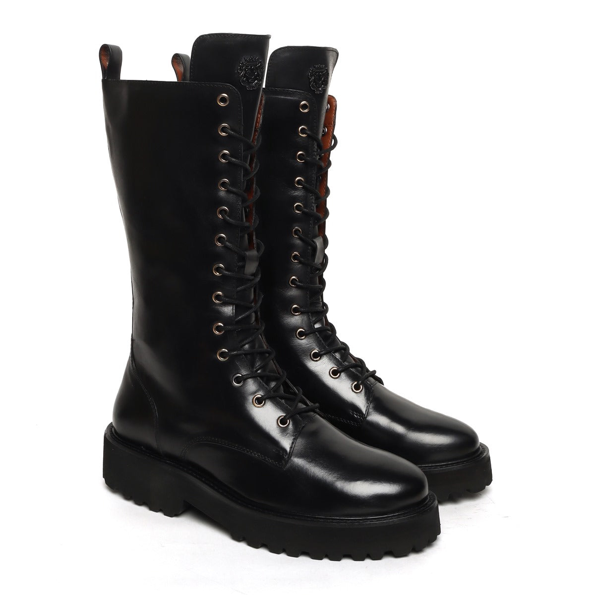 Black Ladies Leather Boot with Lace-Up Closure Metal Lion