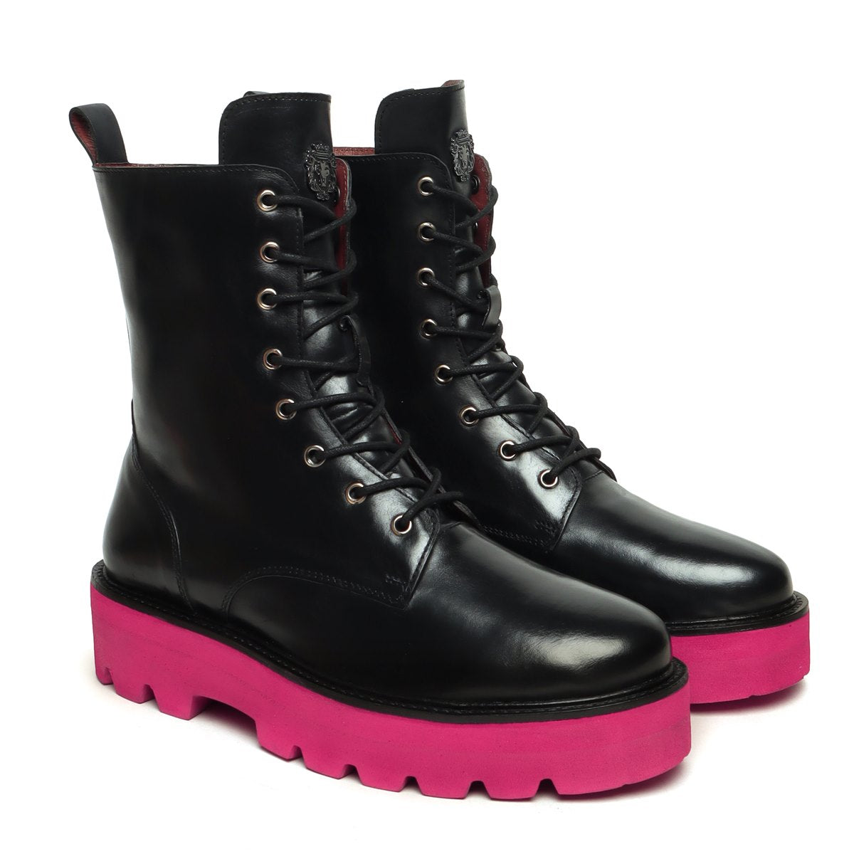 Black Long Lace Up Boots with Pink Sole  By Brune & Bareskin