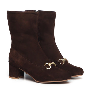 Brown Suede Leather Horse-bit Buckle High Ankle Ladies Boots By Brune & Bareskin