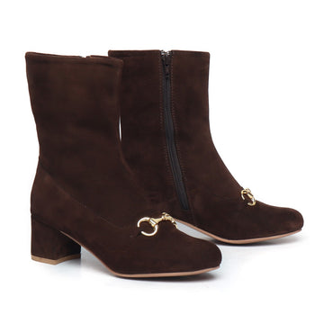 Brown Suede Leather Horse-bit Buckle High Ankle Ladies Boots By Brune & Bareskin