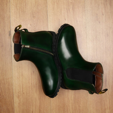 Green Hand Made Ankle Length Side Zip Light Weight Leather Sole Ladies Boots By Brune & Bareskin