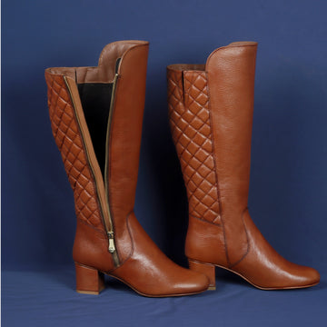 Diamond Stitching Zip Closure Blocked Heel Tan Leather Ladies Long Boot By Brune & Bareskin